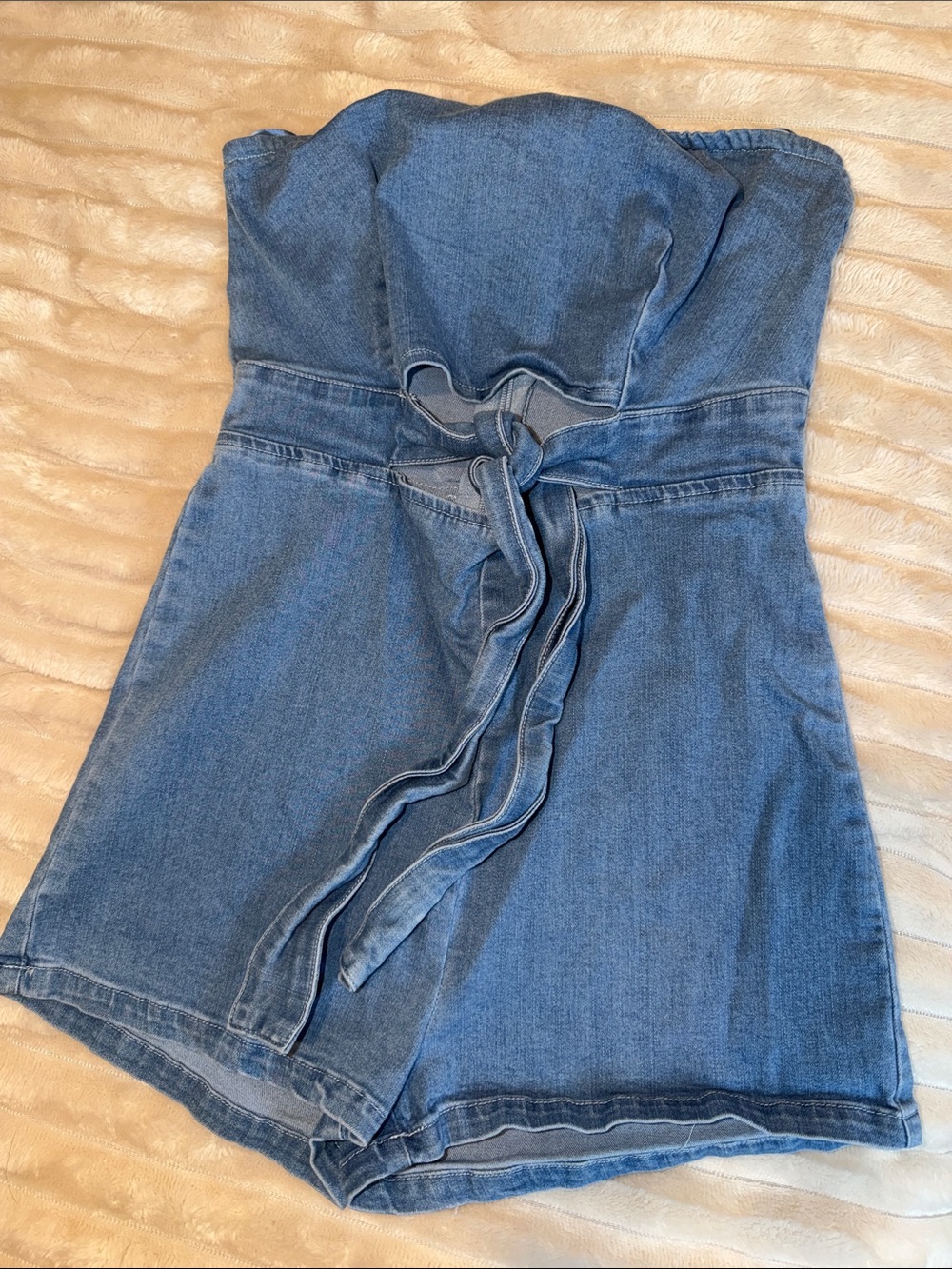 Fashion Nova Strapless Denim Romper Shorts in Blue Wash